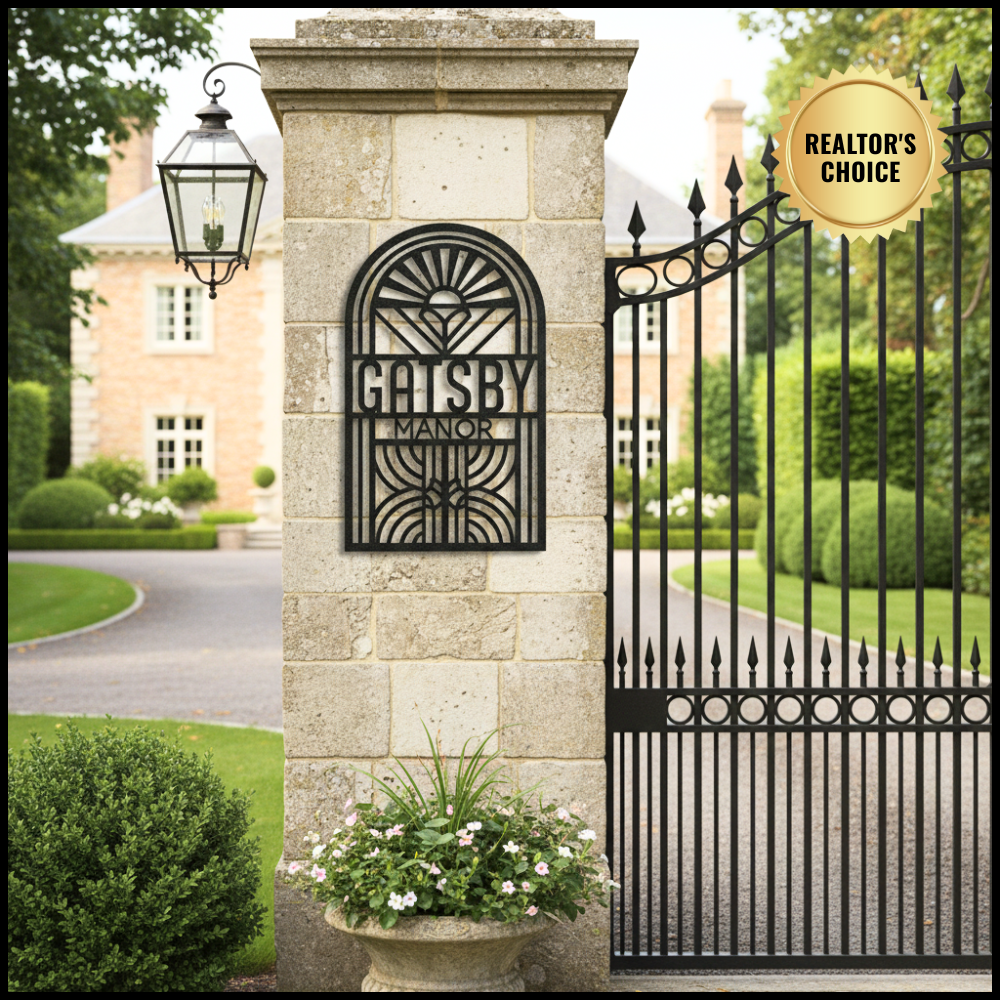 Custom metal estate sign on stone entrance